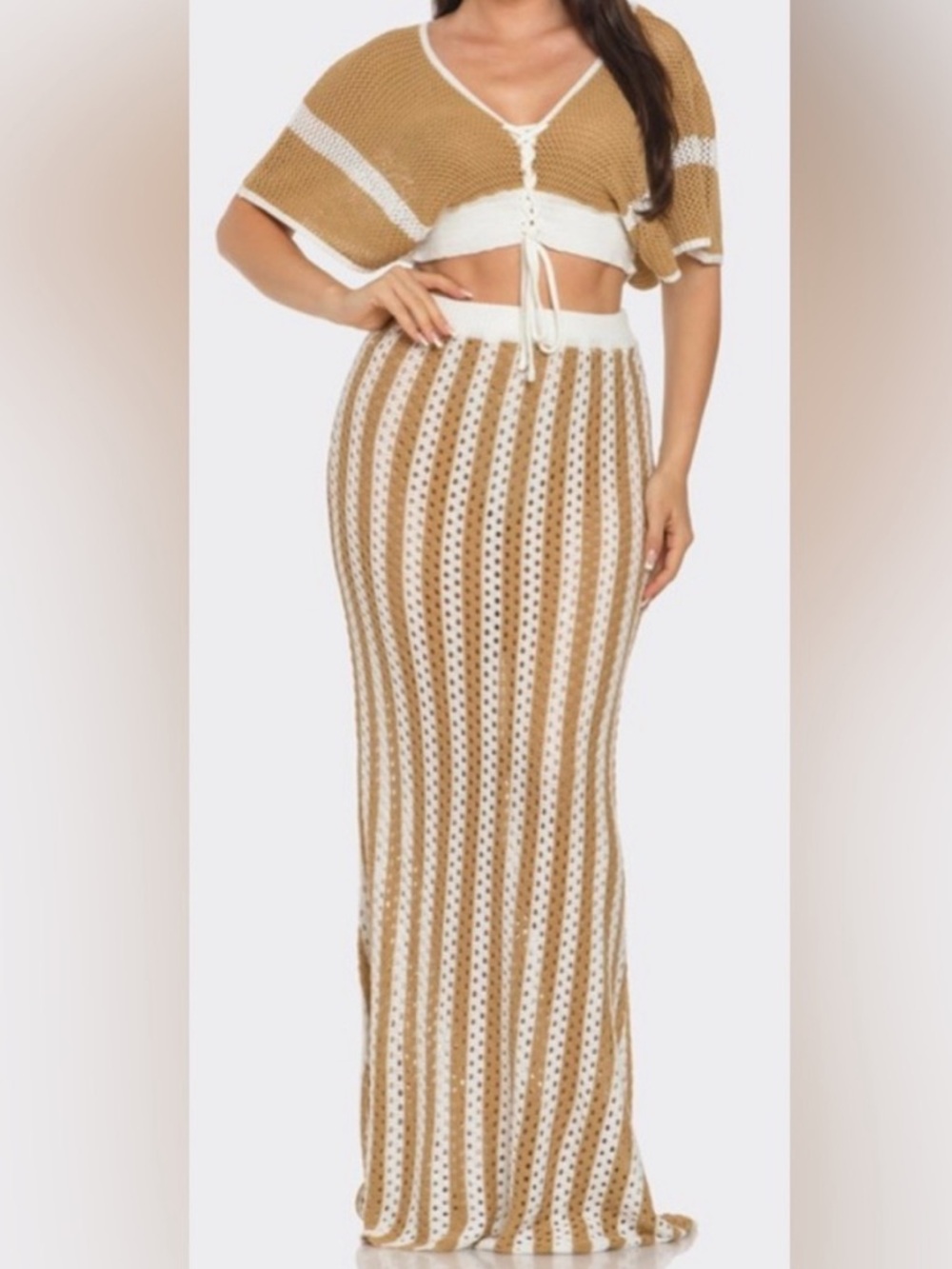 Fashion Nova Tan and White Crochet Maxi Skirt Set (only 2 left)